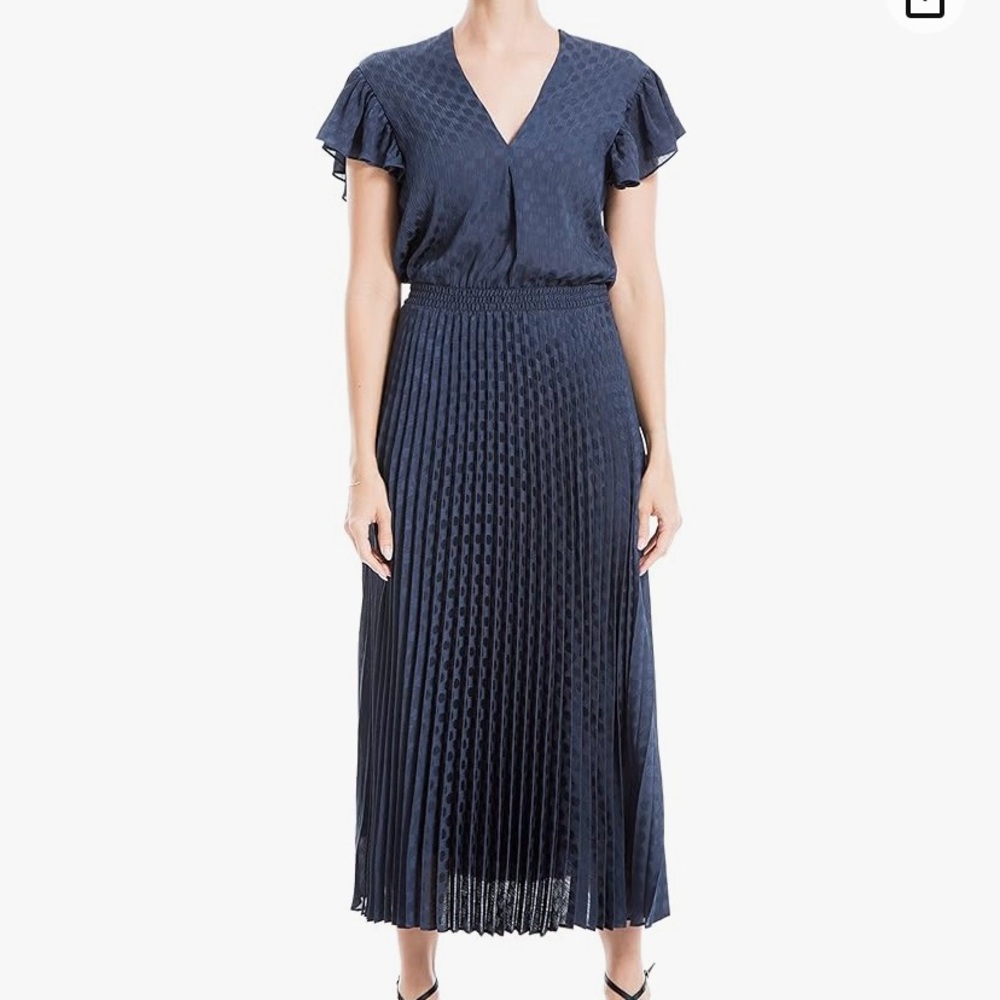 Max Studio Navy Polka Dot Pleated Midi Dress Flutter Sleeve Size M